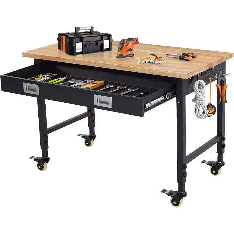 Banco da Lavoro Regolabile in Altezza 48 x 24, Banco da Lavoro con Piano in Legno di Gomma Resistente con Cassetto Portaoggetti e Pannello Forato, Capacità di Carico 2000 LBS, Porta Utensili