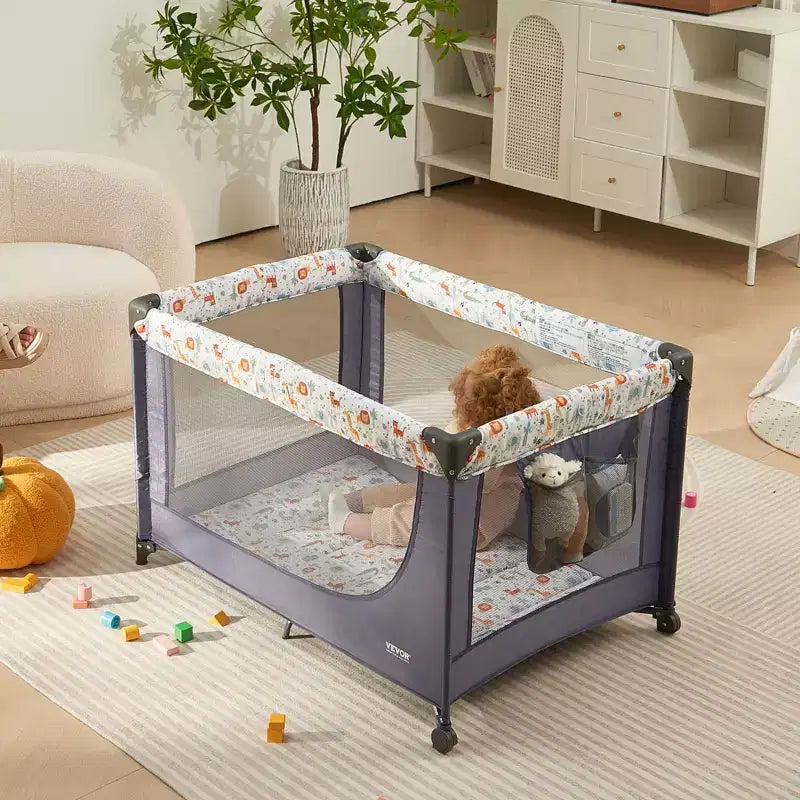 Box per Bambini VEVOR, Culla da Viaggio Pieghevole, Box Portatile per Neonati e Bambini Piccoli con Ruote, Rete Traspirante e Borsa da Viaggio, Grigio