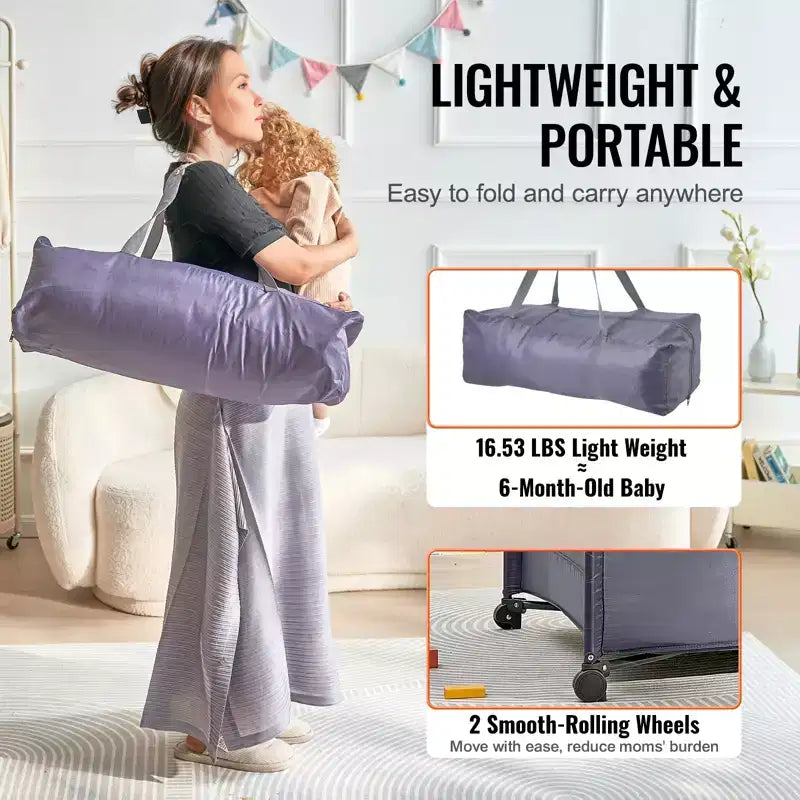 Box per Bambini VEVOR, Culla da Viaggio Pieghevole, Box Portatile per Neonati e Bambini Piccoli con Ruote, Rete Traspirante e Borsa da Viaggio, Grigio
