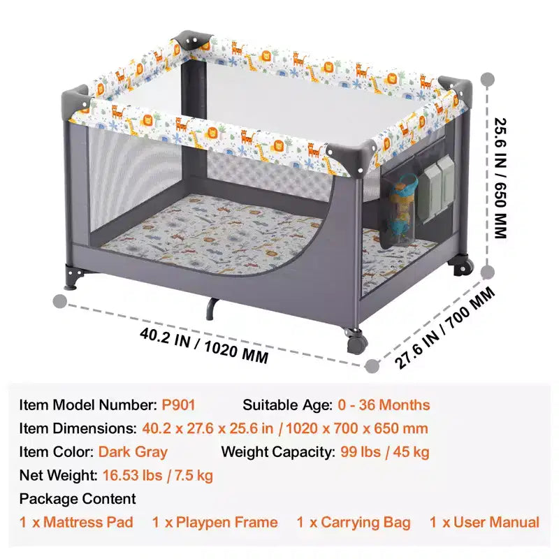 Box per Bambini VEVOR, Culla da Viaggio Pieghevole, Box Portatile per Neonati e Bambini Piccoli con Ruote, Rete Traspirante e Borsa da Viaggio, Grigio