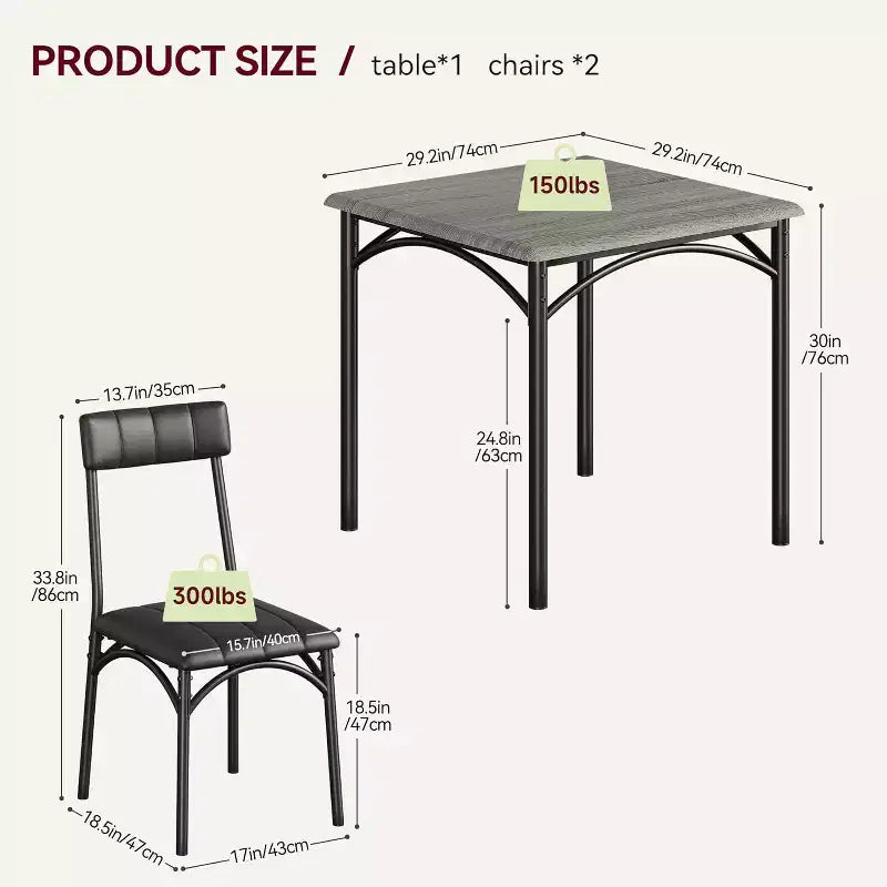 Set da pranzo quadrato rustico moderno, tavolo L 29,2' x P 30,1' A, sedie 33,7' 18,4' 17', 2 persone, metallo e MDF, facile da montare, salvaspazio