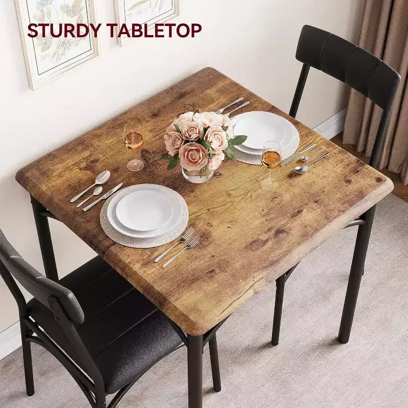 Set da pranzo quadrato rustico moderno, tavolo L 29,2' x P 30,1' A, sedie 33,7' 18,4' 17', 2 persone, metallo e MDF, facile da montare, salvaspazio