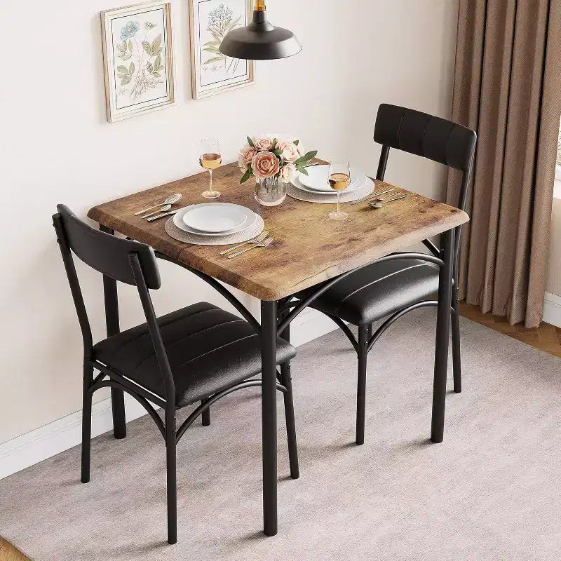 Set da pranzo quadrato rustico moderno, tavolo L 29,2' x P 30,1' A, sedie 33,7' 18,4' 17', 2 persone, metallo e MDF, facile da montare, salvaspazio