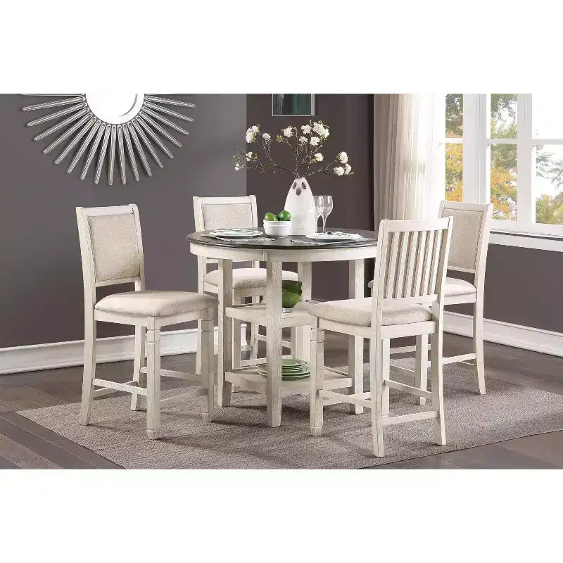 Okak Round Dining Table Transitional Style for Small Space, Counter Height Table with 2 Display Shelves for Living Room, Office, Kitchen