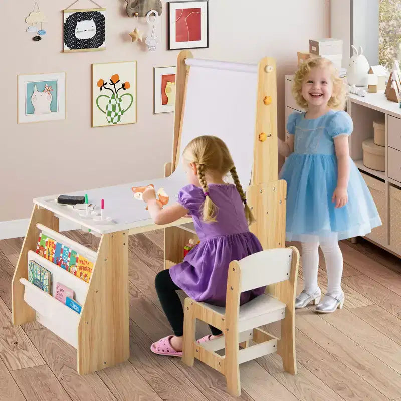 Tavolo e sedie per bambini con cavalletto, lavagna bianca, lavagna a gesso e rotolo di carta