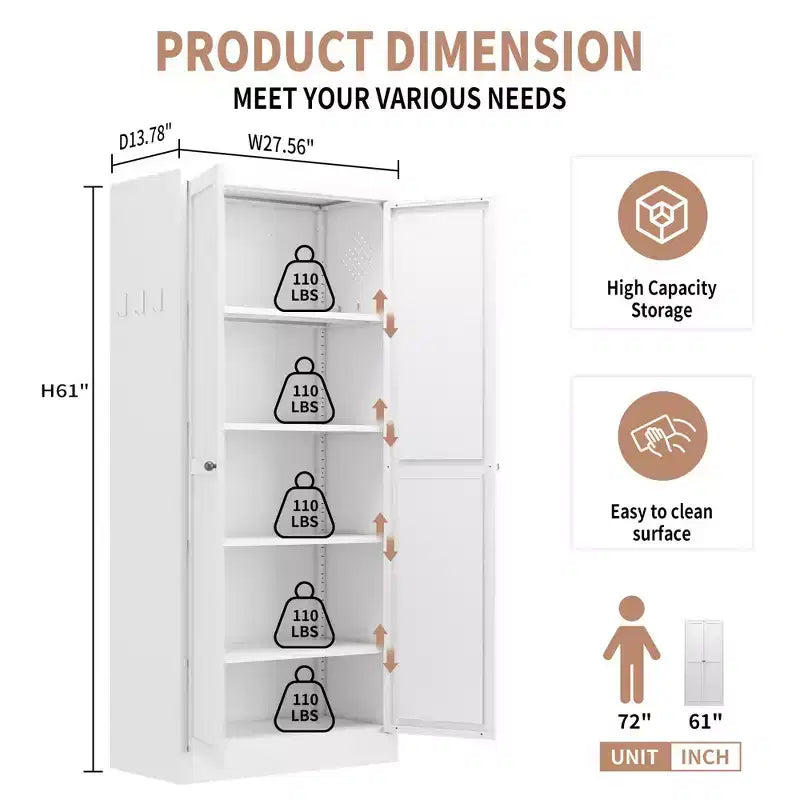 Armadio dispensa da cucina autoportante da 61", mobile contenitore regolabile con 4 ripiani, credenza in metallo resistente per sala da pranzo/soggiorno
