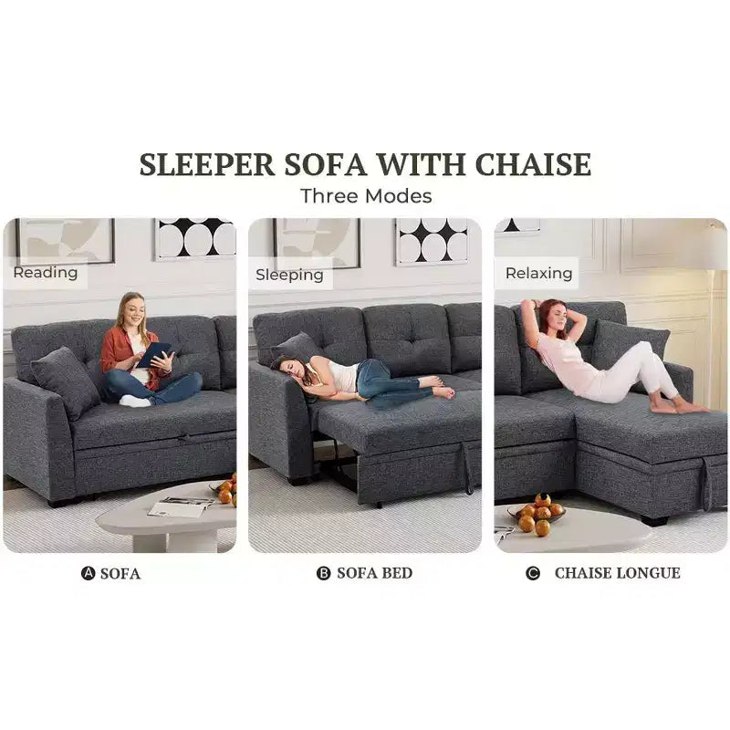 MooxvMoo 86 Moderno Divano Letto Angolare con Chaise Reversibile, Divano Letto a L Trasformabile a 3 Posti, Divano Estraibile in Tessuto Simil Lino, Grigio