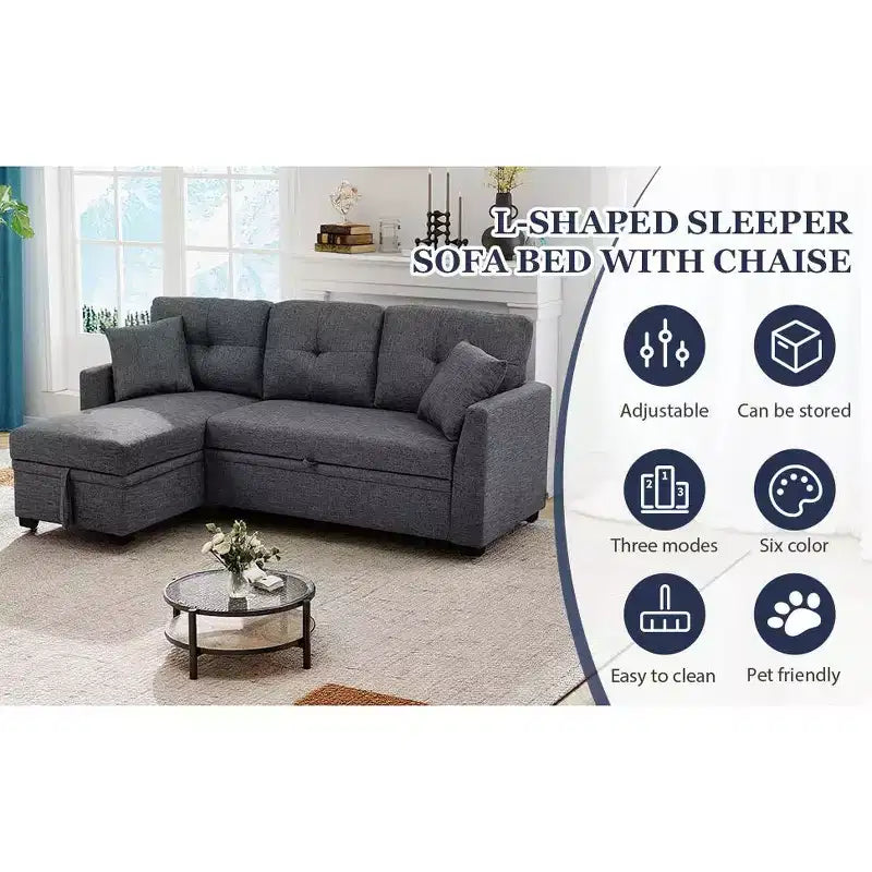 MooxvMoo 86 Moderno Divano Letto Angolare con Chaise Reversibile, Divano Letto a L Trasformabile a 3 Posti, Divano Estraibile in Tessuto Simil Lino, Grigio