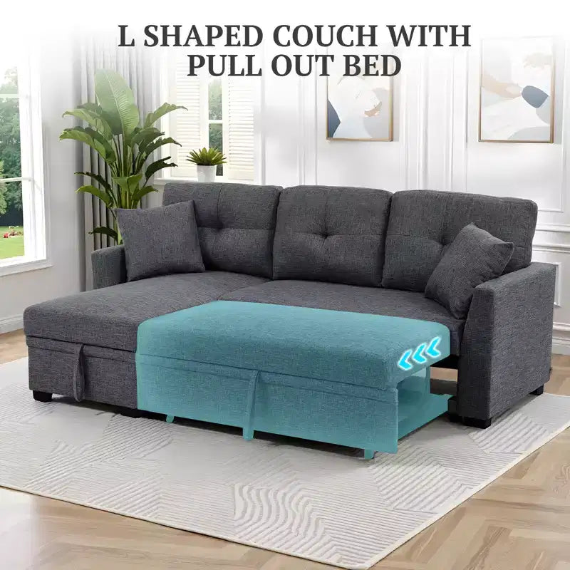 MooxvMoo 86 Moderno Divano Letto Angolare con Chaise Reversibile, Divano Letto a L Trasformabile a 3 Posti, Divano Estraibile in Tessuto Simil Lino, Grigio