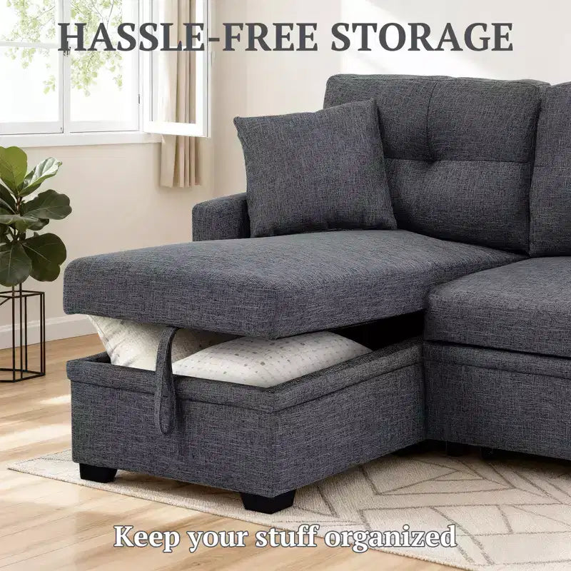 MooxvMoo 86 Moderno Divano Letto Angolare con Chaise Reversibile, Divano Letto a L Trasformabile a 3 Posti, Divano Estraibile in Tessuto Simil Lino, Grigio