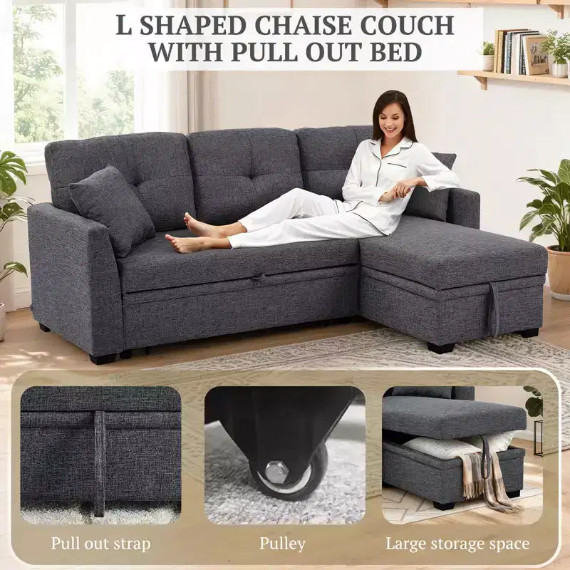 MooxvMoo 86 Moderno Divano Letto Angolare con Chaise Reversibile, Divano Letto a L Trasformabile a 3 Posti, Divano Estraibile in Tessuto Simil Lino, Grigio