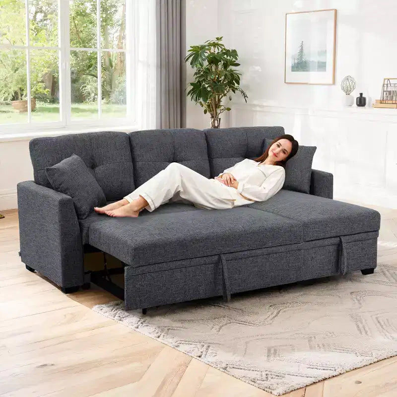 MooxvMoo 86 Moderno Divano Letto Angolare con Chaise Reversibile, Divano Letto a L Trasformabile a 3 Posti, Divano Estraibile in Tessuto Simil Lino, Grigio