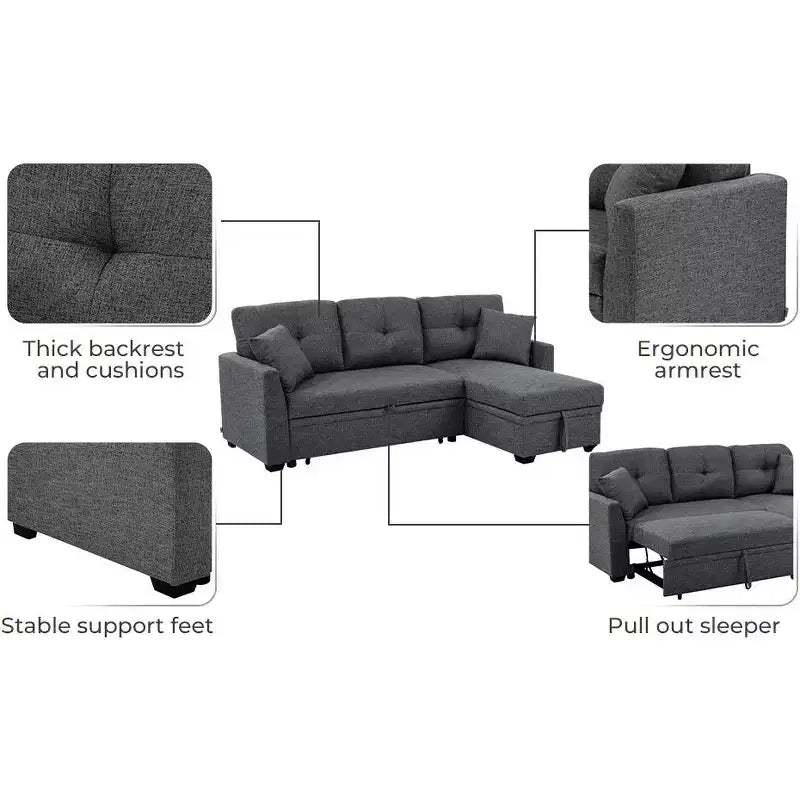 MooxvMoo 86 Moderno Divano Letto Angolare con Chaise Reversibile, Divano Letto a L Trasformabile a 3 Posti, Divano Estraibile in Tessuto Simil Lino, Grigio