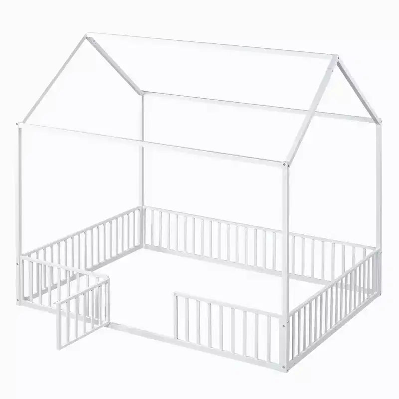 Luxystar Letto a Capanna in Metallo con Recinzione e Porta per la Cameretta dei Bambini, Bianco
