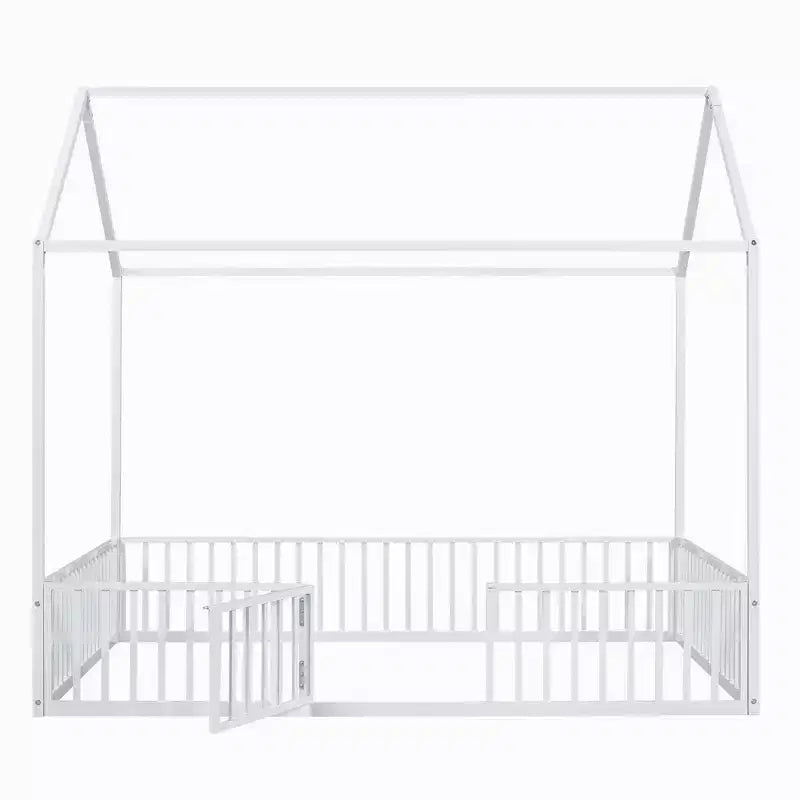 Luxystar Letto a Capanna in Metallo con Recinzione e Porta per la Cameretta dei Bambini, Bianco