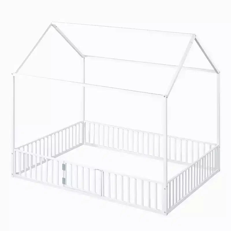 Luxystar Letto a Capanna in Metallo con Recinzione e Porta per la Cameretta dei Bambini, Bianco