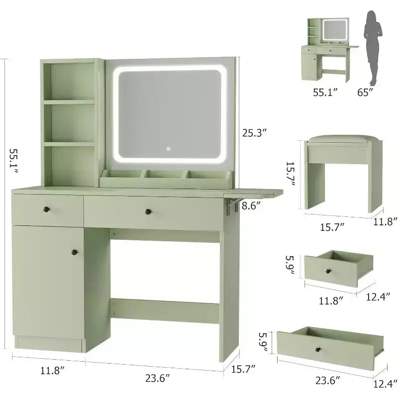Toeletta Trucco con Specchio e Luci, Set Tavolo da Trucco con Cassetto e Presa di Corrente, Sedia Contenitore e 3 Ripiani, Camera da Letto