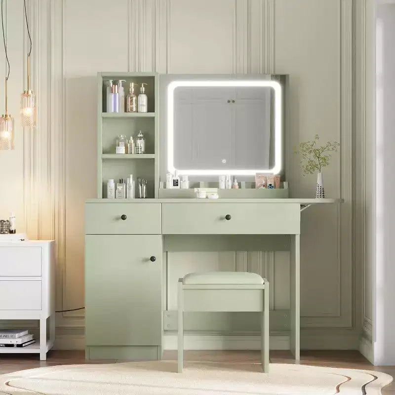 Toeletta Trucco con Specchio e Luci, Set Tavolo da Trucco con Cassetto e Presa di Corrente, Sedia Contenitore e 3 Ripiani, Camera da Letto