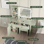 Toeletta Trucco con Specchio e Luci, Set Tavolo da Trucco con Cassetto e Presa di Corrente, Sedia Contenitore e 3 Ripiani, Camera da Letto