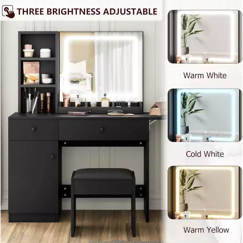 Toeletta Trucco con Specchio e Luci, Set Tavolo da Trucco con Cassetto e Presa di Corrente, Sedia Contenitore e 3 Ripiani, Camera da Letto