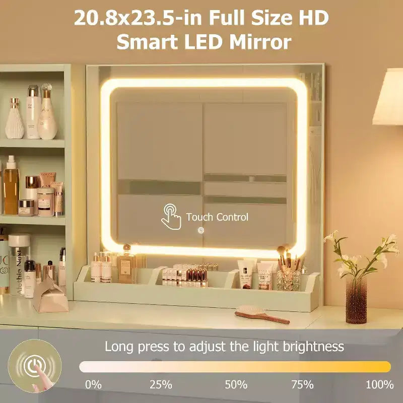 Toeletta Trucco con Specchio e Luci, Set Tavolo da Trucco con Cassetto e Presa di Corrente, Sedia Contenitore e 3 Ripiani, Camera da Letto