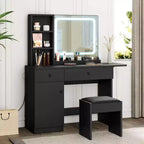 Toeletta Trucco con Specchio e Luci, Set Tavolo da Trucco con Cassetto e Presa di Corrente, Sedia Contenitore e 3 Ripiani, Camera da Letto