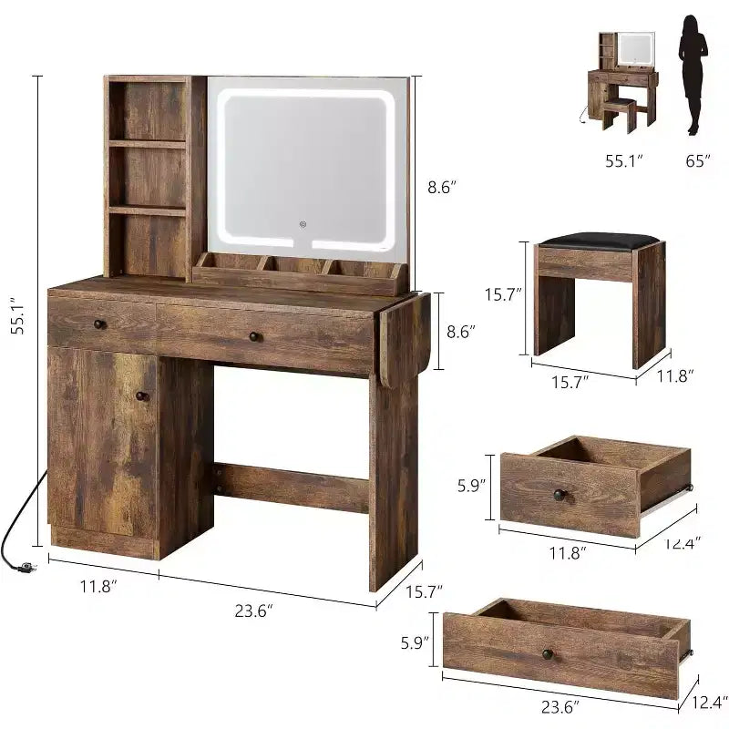Toeletta Trucco con Specchio e Luci, Set Tavolo da Trucco con Cassetto e Presa di Corrente, Sedia Contenitore e 3 Ripiani, Camera da Letto