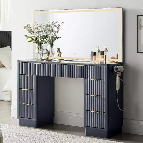 48 Fluted Makeup Vanity Desk with Mirror and Lights, Modern Vanity Table with 8 Drawers & Charging Station, Vanity Desk with Glass Top