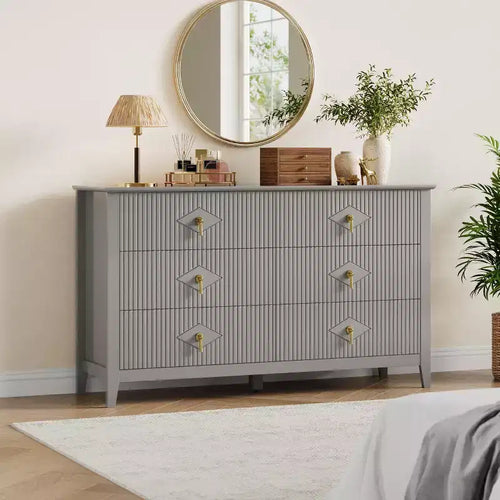 Comò a 6 cassetti da 54 pollici di larghezza, cassettiera moderna con maniglie in metallo per la camera da letto, grigio