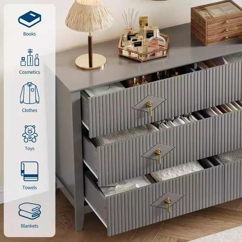 Comò a 6 cassetti da 54 pollici di larghezza, cassettiera moderna con maniglie in metallo per la camera da letto, grigio