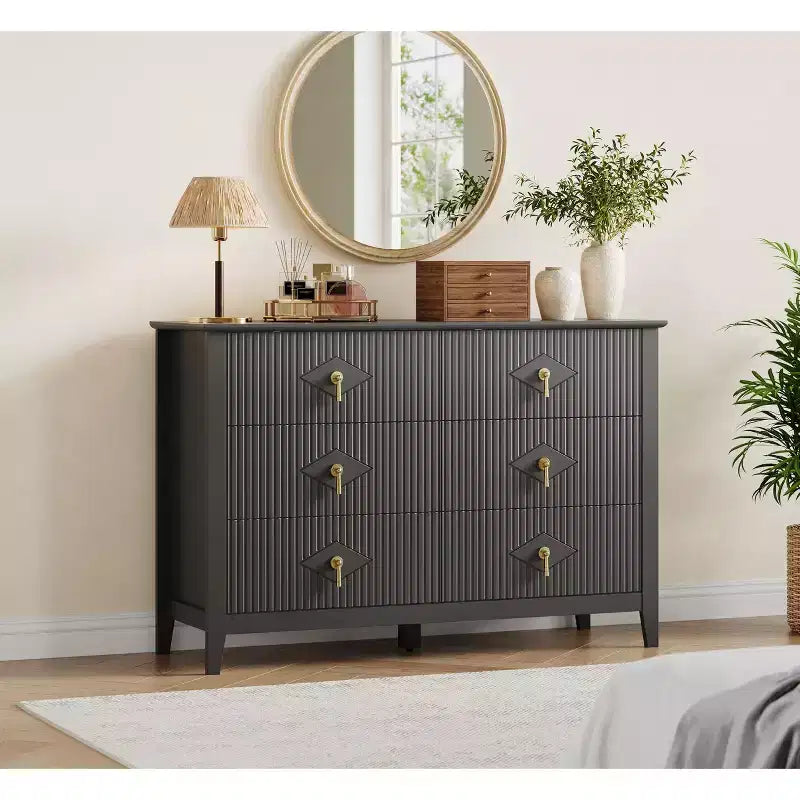 48 Wide 6-Drawer Dresser, Modern Chest with Metal Handles for Bedroom Storage, Black
