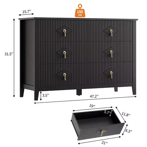 Cassettiera a 6 cassetti da 122 cm di larghezza, comò moderno con maniglie in metallo per la camera da letto, nero