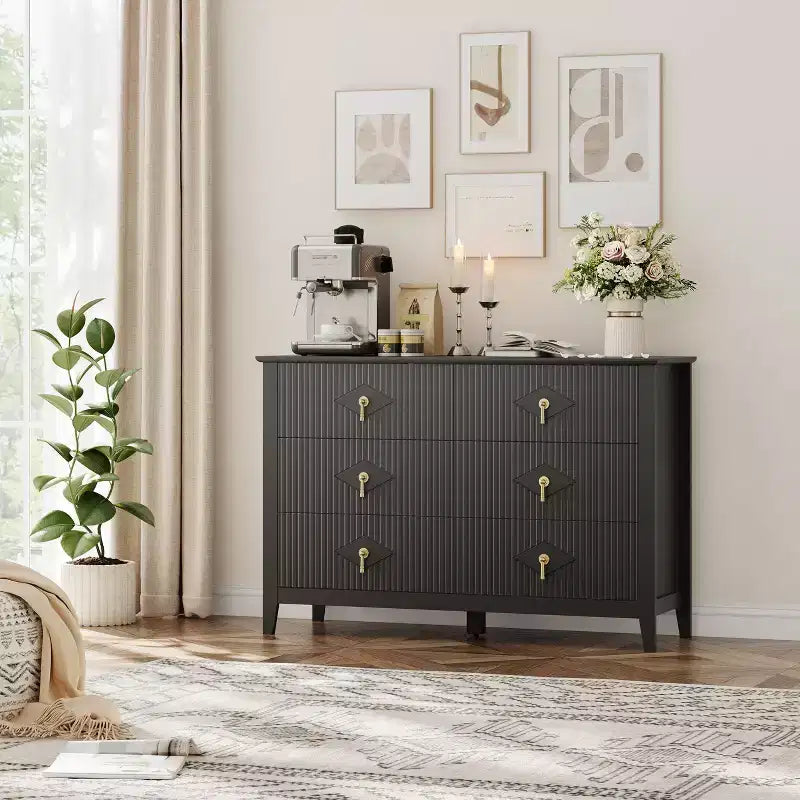 Cassettiera a 6 cassetti da 122 cm di larghezza, comò moderno con maniglie in metallo per la camera da letto, nero
