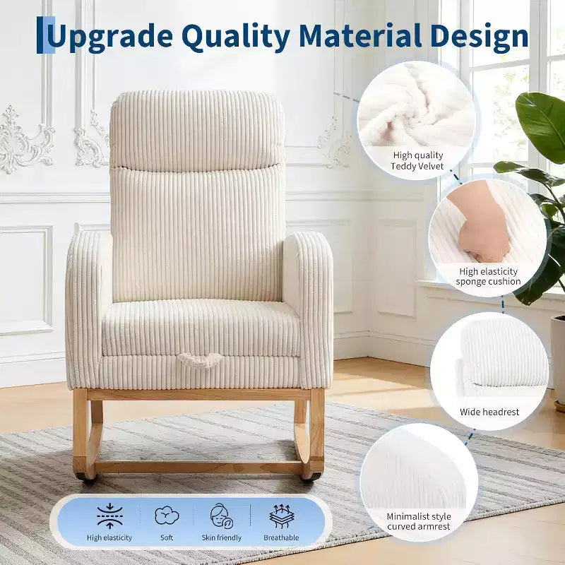 Moderna Sedia a Dondolo per Asilo Nido, Poltrona Relax Imbottita in Corduroy con Poggiapiedi Regolabile e Tasca Laterale per Soggiorno, Camera da Letto, Sala Allattamento, Beige