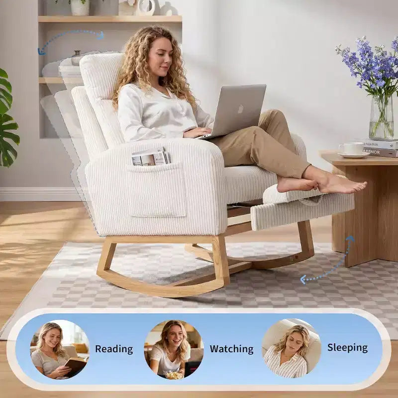 Moderna Sedia a Dondolo per Asilo Nido, Poltrona Relax Imbottita in Corduroy con Poggiapiedi Regolabile e Tasca Laterale per Soggiorno, Camera da Letto, Sala Allattamento, Beige