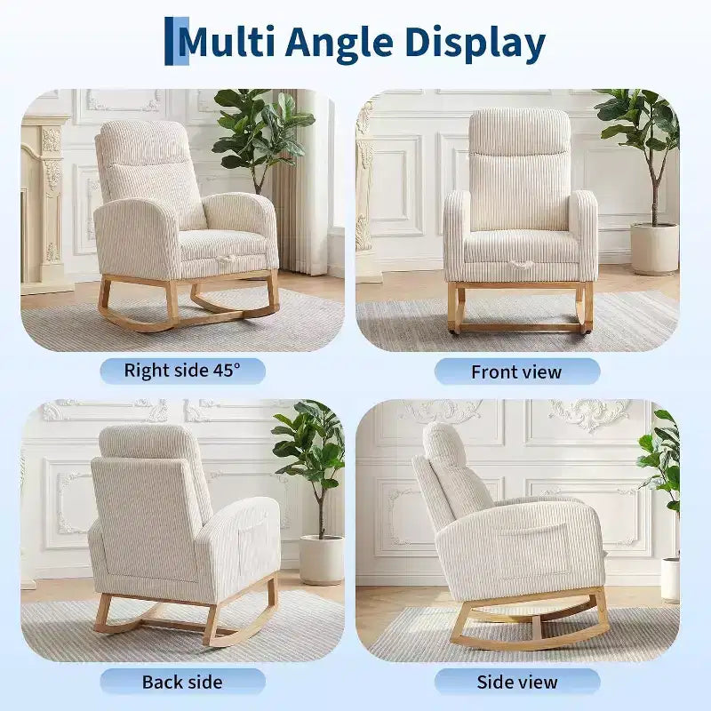 Moderna Sedia a Dondolo per Asilo Nido, Poltrona Relax Imbottita in Corduroy con Poggiapiedi Regolabile e Tasca Laterale per Soggiorno, Camera da Letto, Sala Allattamento, Beige