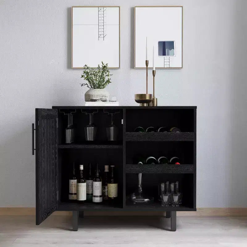 Mobile bar e credenza con mobiletto contenitore, supporti per calici sospesi e portabottiglie