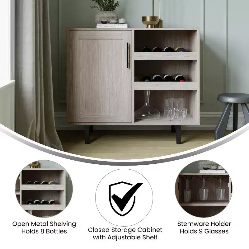 Mobile bar e credenza con mobiletto contenitore, supporti per calici sospesi e portabottiglie
