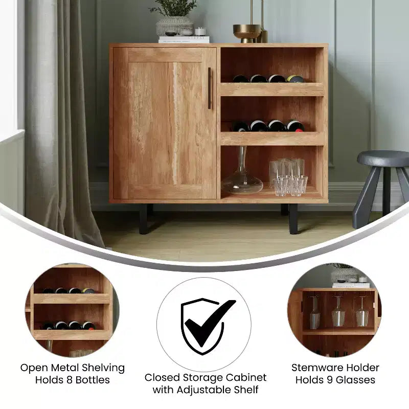 Mobile bar e credenza con mobiletto contenitore, supporti per calici sospesi e portabottiglie