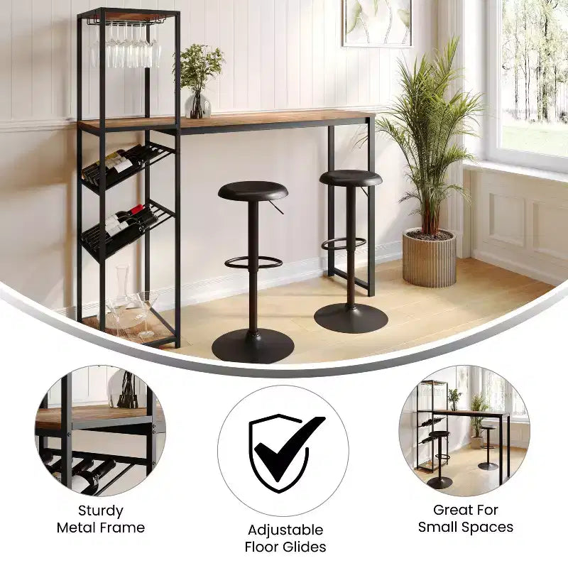 Tavolino da bar e da vino in metallo con portabottiglie e appendi-calici